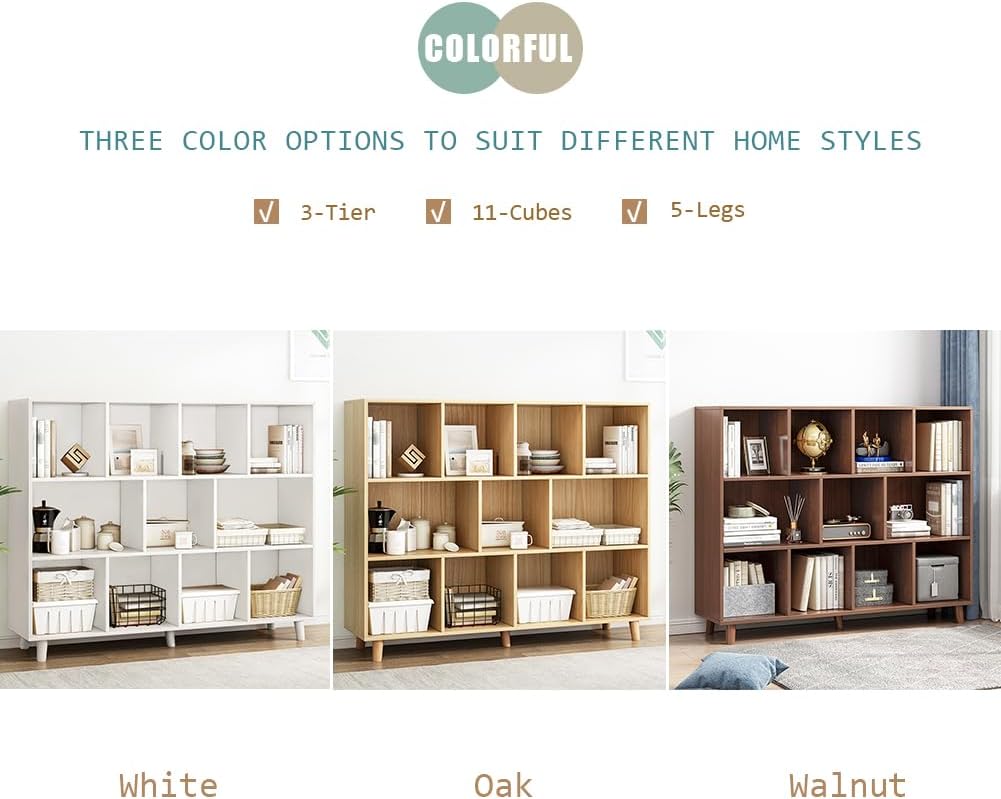 IOTXY Open Cube Low Bookcase - 3-Tier Freestanding Storage Display Cabinet Organizer with Legs for Home Office, 11-Cubes Open Shelf Short Bookshelf, Walnut