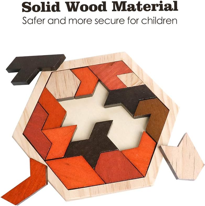 Skrtuan Wooden Puzzle Hexagon Tangram Puzzle for Kids Adults Brain Teasers Puzzles Game Challenge Toy Shape Pattern Block Tangram Family Portable Montessori Educational Gift for Kids Boys Girls