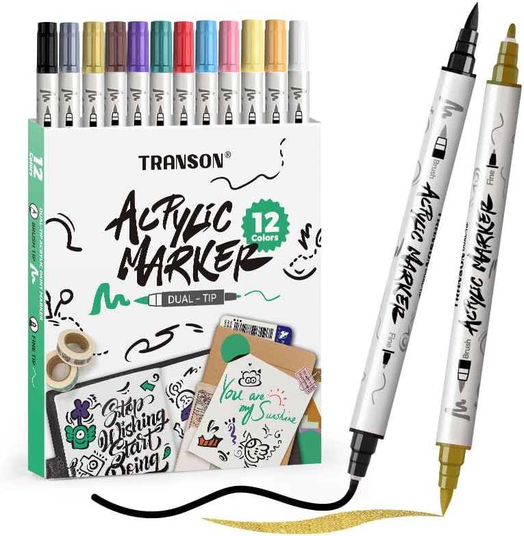 TRANSON 12 Colors Fine and Brush Dual-tip Acrylic Paint Marker Pen Set for Canvas Rock Wood Leather Ceramic DIY Painting