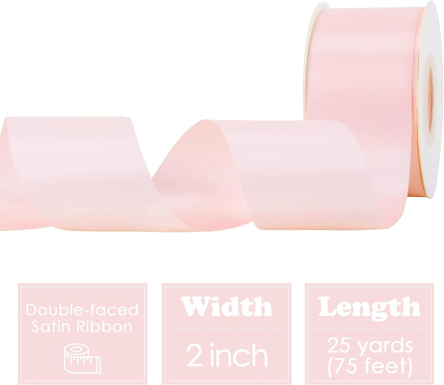 HUIHUANG Pink Ribbon 2 inch Wide Double-Faced Baby Pink Satin Silk Ribbon for Flower Bouquet Wrap, Baby Shower, Wedding Decor, Gift Wrapping, Hairs, Hats, Crafts and Bows Making- 25 Yards/Roll