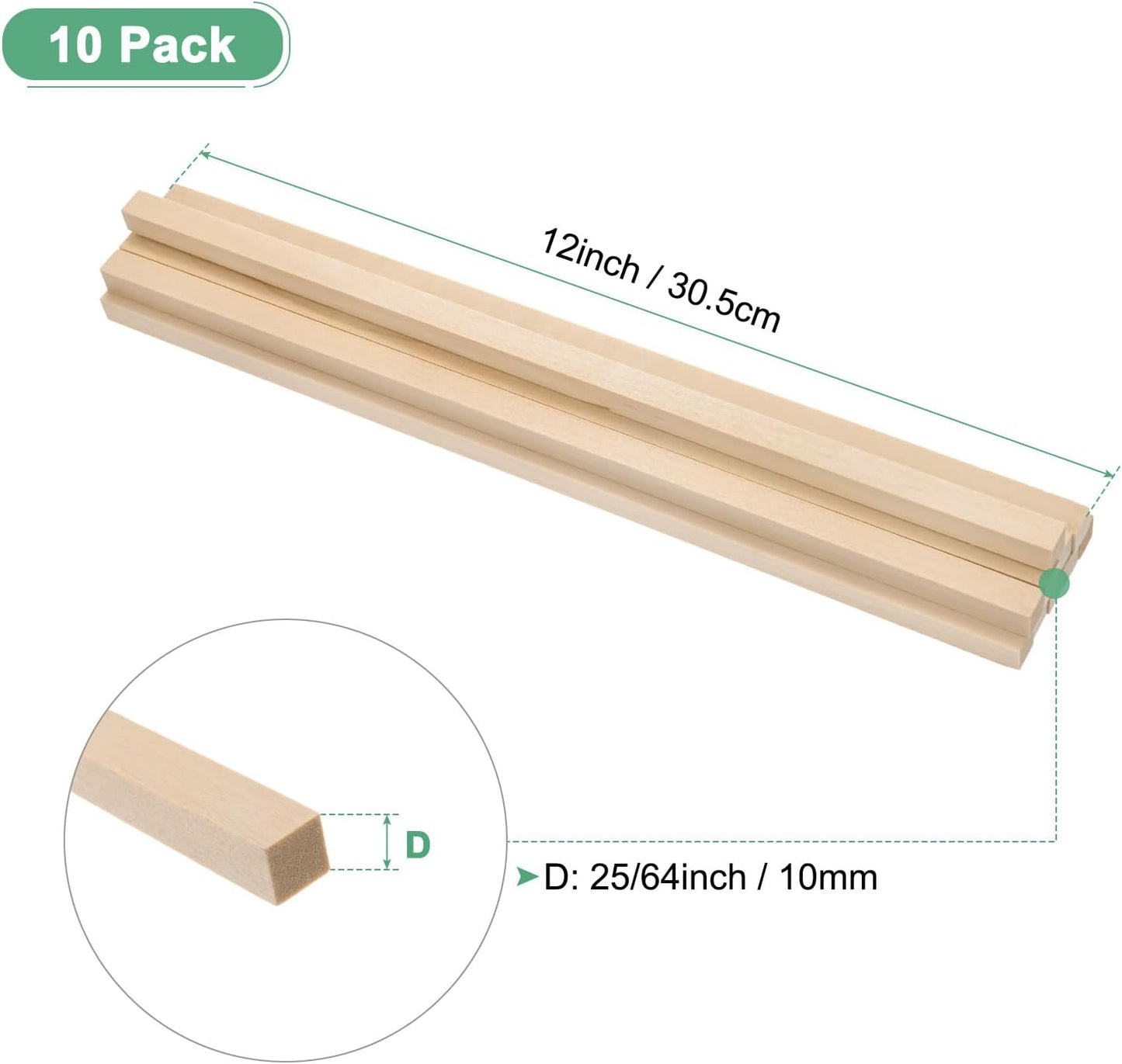 10-Pack Wood Square Dowel Rods, 25/64 x 12 Inch Unfinished Wooden Square Dowel Rod, Hardwood Square Dowel Sticks for Crafts/DIY Projects/Models Making [Wood Color]