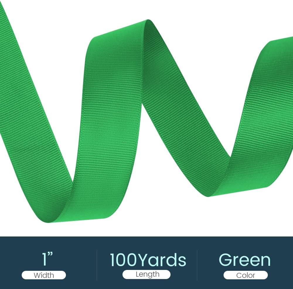 1" X 100 Yards Green Grosgrain Ribbon, Premium Grosgrain Ribbon for Sewing, Gift Wrapping, Bow Making, Wedding Decor, Wrapping and More (Green)