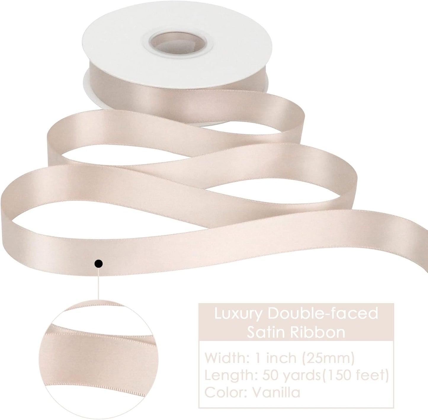 HUIHUANG Satin Ribbon 1 inch Vanilla Silk Satin Ribbon 50 Yards Double Face Satin Ribbons for Crafts Gift Wrapping Bows Floral Bouquet Cake Box Christmas Decor Wedding Invitation Card Party Favor