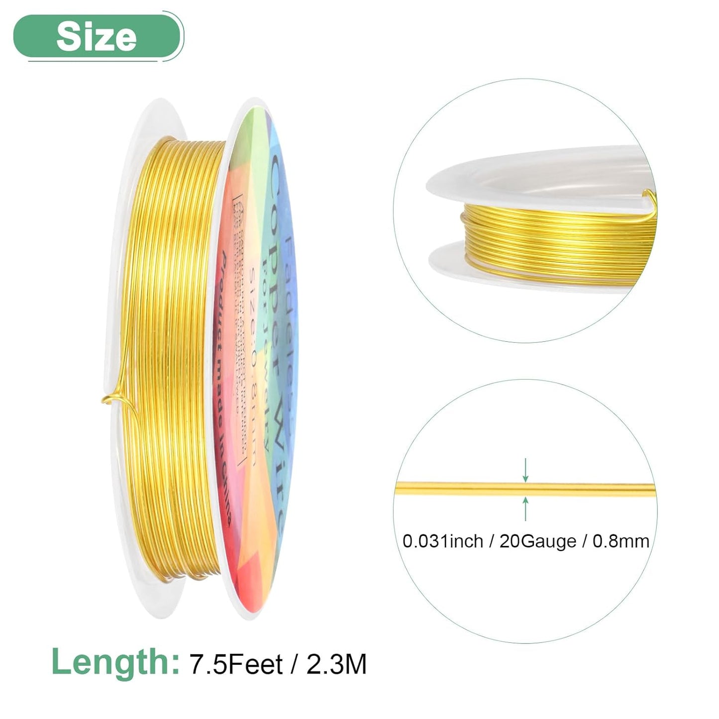 0.8 mm/20 Gauge Copper Wire for Jewelry Making, 7.5FT Copper Beading Craft Wire for Jewelry/Weaving/DIY Crafting/Planting, Color-Retaining [2.3 M, Gold Tone]