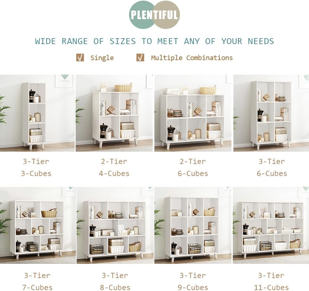 IOTXY Open Cube Low Bookcase - 3-Tier Freestanding Storage Display Cabinet Organizer with Legs for Home Office, 11-Cubes Open Shelf Short Bookshelf, White
