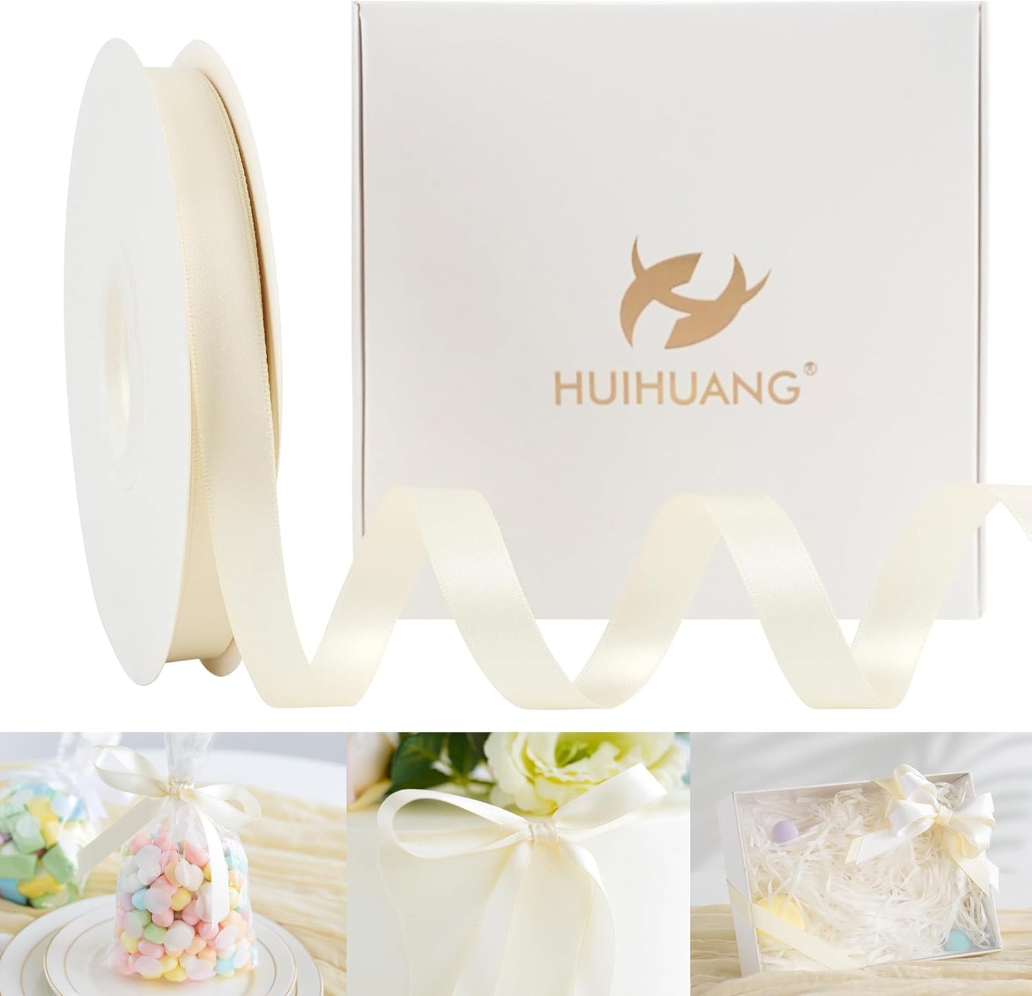 HUIHUANG Ivory Satin Ribbon 1/2 inch X 50 Yards Continuous, Off-White Double-Faced Satin Ribbon for Gift Wrapping, Bows, DIY Crafts, Flower Bouquet, Wedding Bridal Shower Decor, Flower Crowns