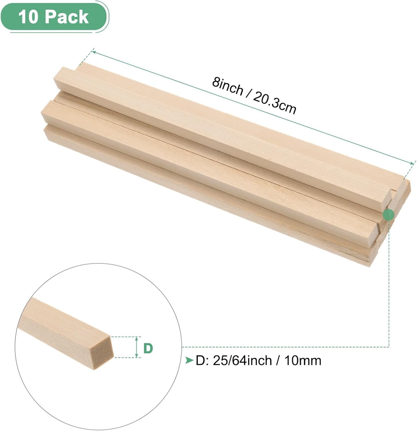 10-Pack Wood Square Dowel Rods, 25/64 x 8 Inch Unfinished Wooden Square Dowel Rod, Hardwood Square Dowel Sticks for Crafts/DIY Projects/Models Making [Wood Color]