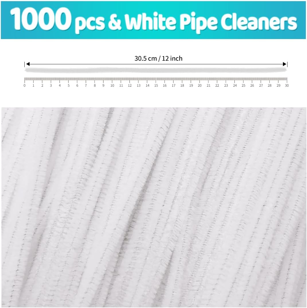 Iooleem 1000pcs White Pipe Cleaners, Chenille Stems, Pipe Cleaners for Crafts, Pipe Cleaner Crafts, Art and Craft Supplies.