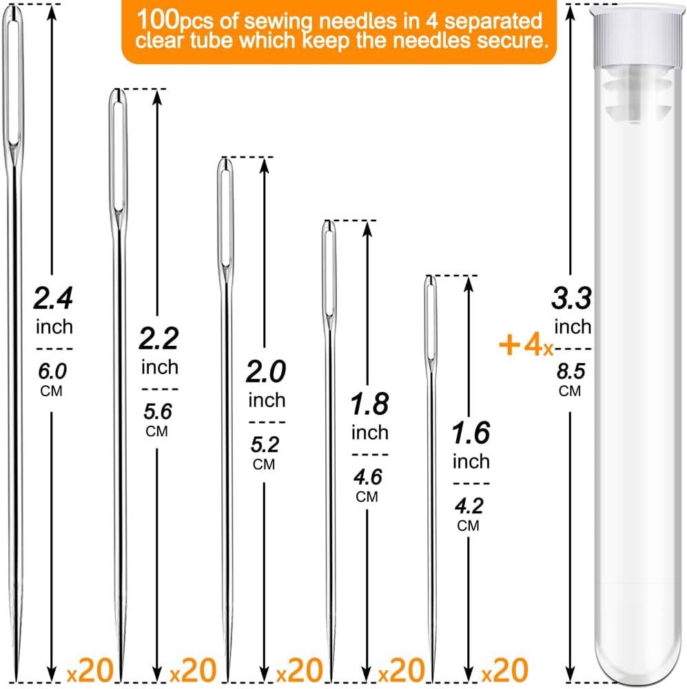 100 Pack Premium Large Eye Needles for Hand Sewing with Needle Threaders, Assorted Sizes, Embroidery Needles for Hand Sewing, Sewing Needles Large Eye, Big Eye Needle