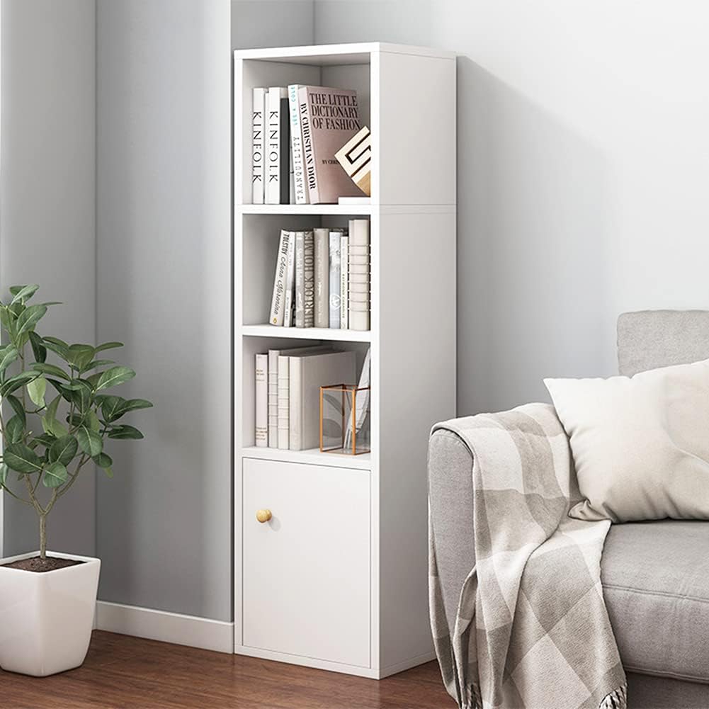 IOTXY Small Narrow Corner Bookcase - 47 Inches Tall Gap Freestanding Storage Cabinet, 4 Lattices Open Shelves Tower Rack with Door, Cubes Bookshelf in White