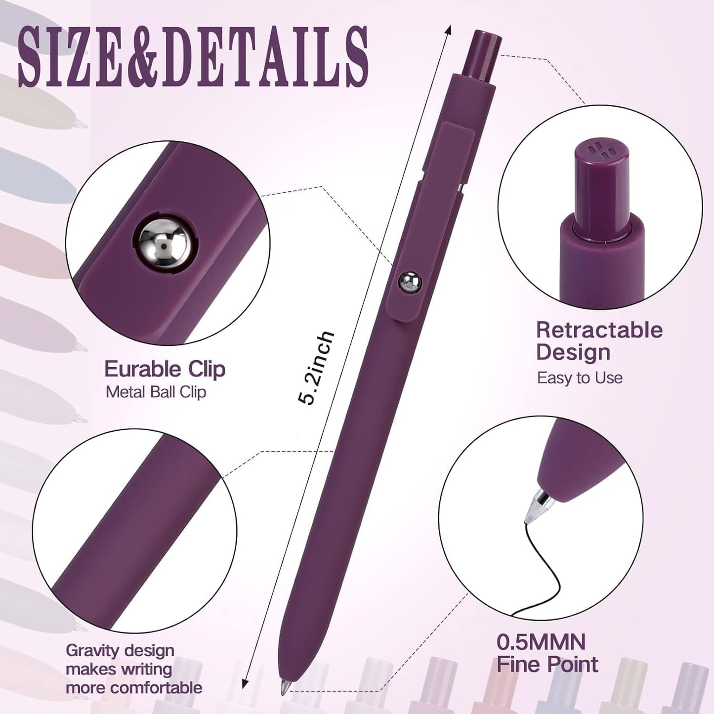 10Pcs Quick Dry Ink Pens,Retractable Gel Ink Pens,Fine Point Rolling Ball Gel Pen,Premium Smooth Writing Pens,0.5mm Cute Kawaii Pens for School Home Office Diary,Assorted Vintage Colors,Black Refill