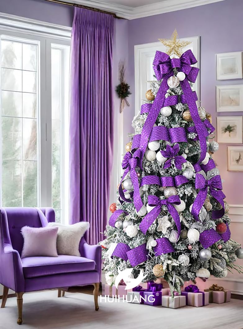 HUIHUANG Purple Wired Christmas Ribbon 4 inch Purple Glitter Wired Ribbon Diamond Mesh Wire Ribbon for X-mas Tree Decorations, Wreaths, Garland, Large Bows Making, Home Decor -10 Yards
