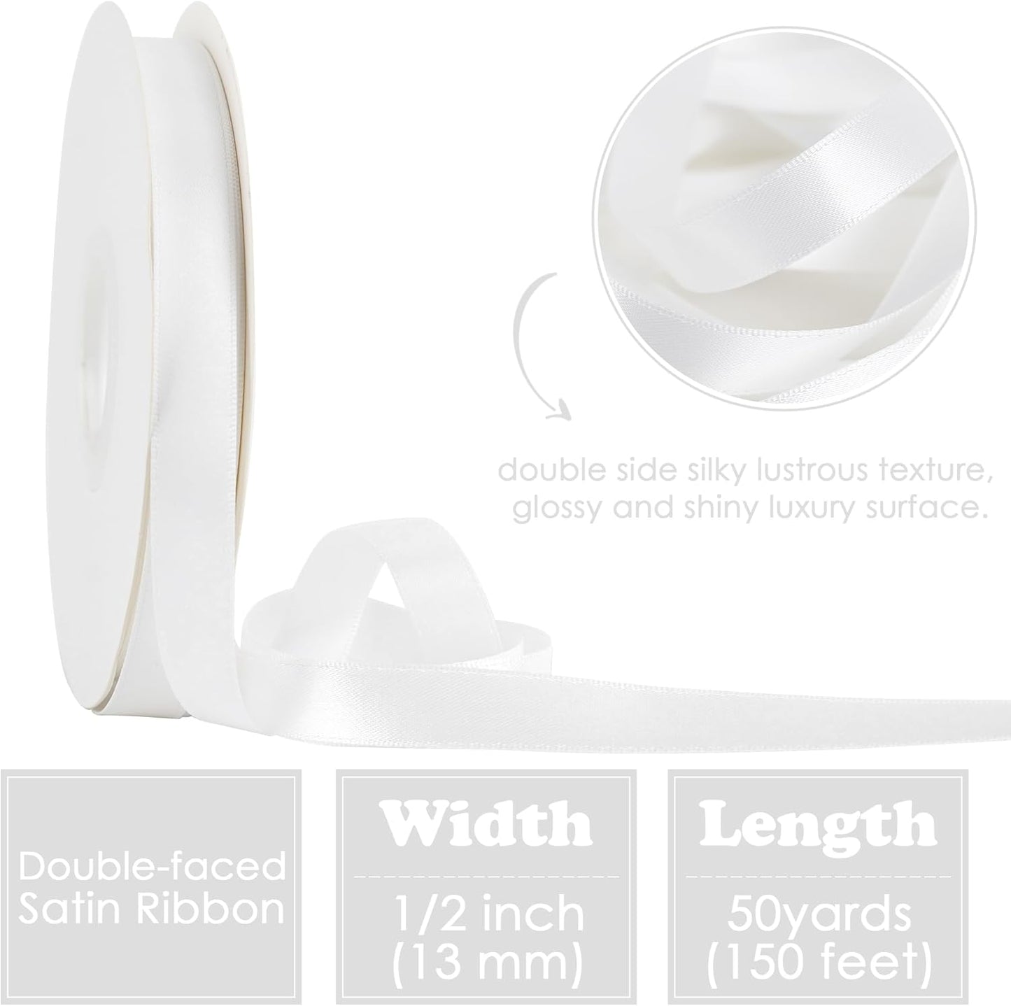 HUIHUANG White Satin Ribbon 1/2 inch X 50 Yards Continuous, White Double-Faced Satin Ribbon for Gift Wrapping, Bows, DIY Crafts, Flower Bouquet, Wedding Bridal Shower Decor, Hairs