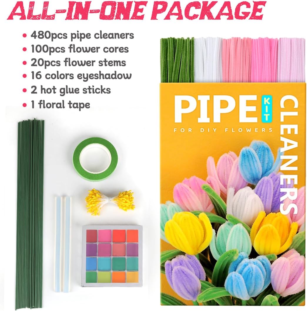 IOOLEEM Pipe Cleaners, 480pcs Pink, Flower Making Kit, Arts and Craft Supplies, Ideas for Art Project Activity.