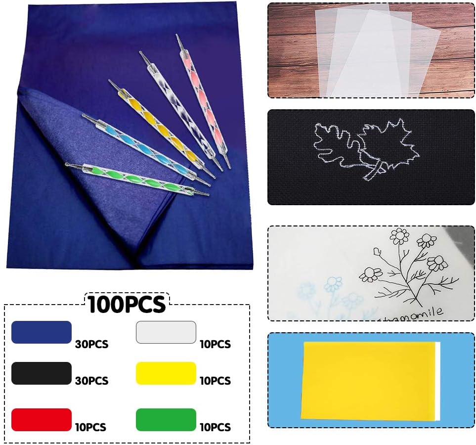 100 Sheets Carbon Transfer Paper,Tracing Paper Carbon Graphite Copy Paper with 5 Pieces Embossing Styluses Stylus Dotting Tools for Wood,Paper,Canvas and Other Art Surfaces 8.3 x 11.7inch