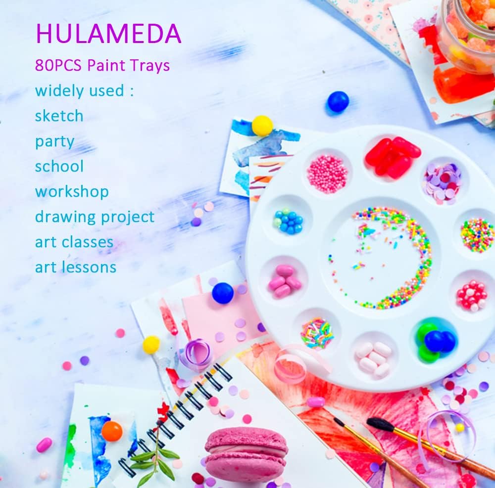 Hulameda 80pcs Paint Tray Palettes, Plastic Round Pallets for Kids or Students,Craft DIY or Have a Birthday Painting Party