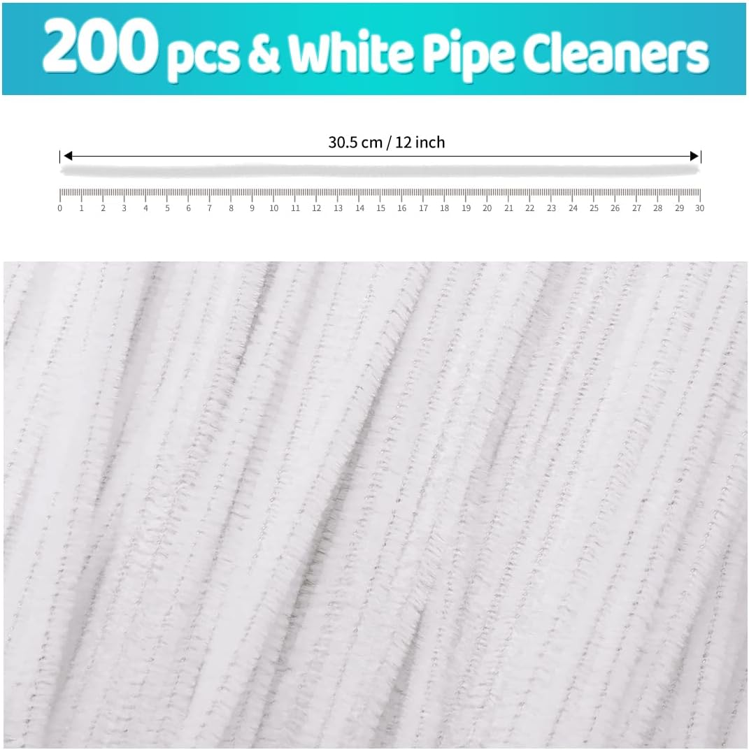 Iooleem 200pcs White Pipe Cleaners, Chenille Stems, Pipe Cleaners for Crafts, Pipe Cleaner Crafts, Art and Craft Supplies.