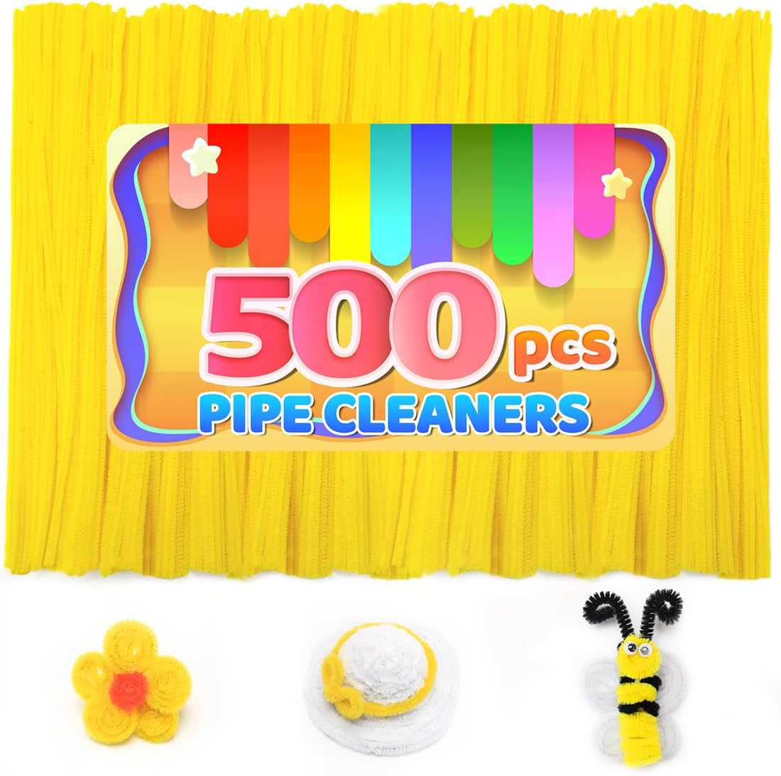 Iooleem 500pcs Yellow Pipe Cleaners, Chenille Stems, Pipe Cleaners for Crafts, Pipe Cleaner Crafts, Art and Craft Supplies.