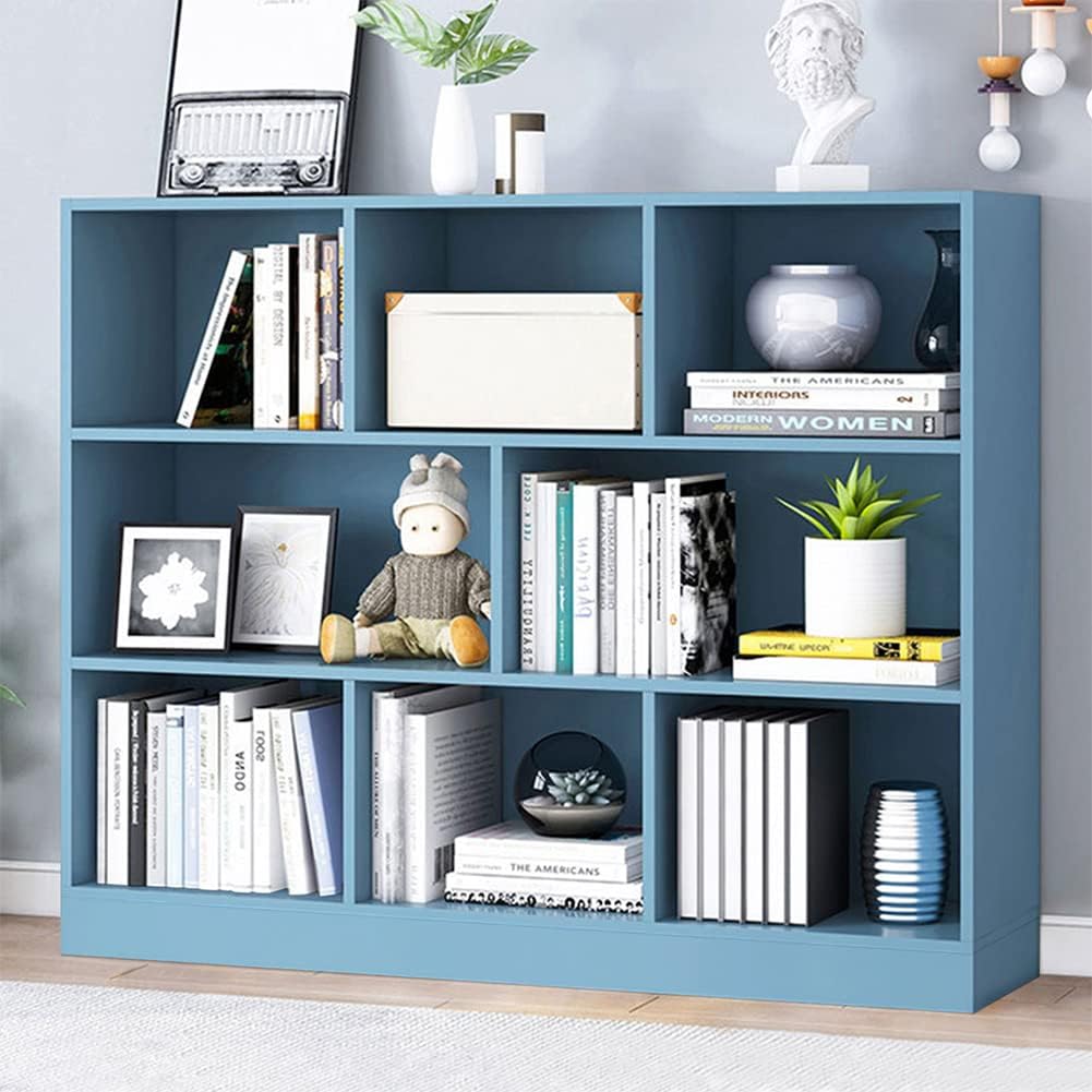 IOTXY Open Shelf Low Bookcase - Wooden 3-Tier Floor Standing Display Cabinet Organizer with Base, 8 Cubes Short Horizontal Bookshelf in Bright Blue