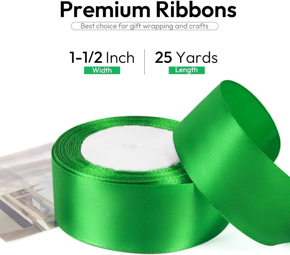 1-1/2 Inch 25 Yards Satin Ribbon Green, Solid Color Fabric Ribbon for Gift Wrapping, Wedding, Polyester Gift Ribbon for Birthday Party Decoration, Craft, Hair, Floral, Sewing