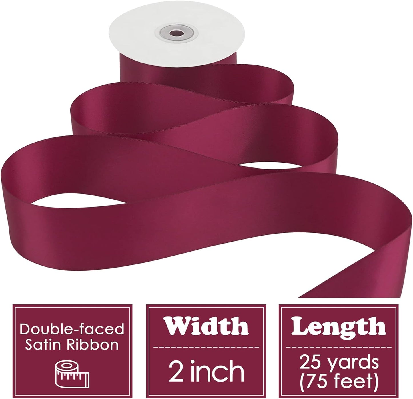 HUIHUANG Wine Red Ribbon 2 inch Wide Double Face Satin Ribbon Maroon Fabric Ribbon for Flower Bouquet Wrap, Wedding Bridal Shower Holiday Decor, Bows Making Crafts, Gift Wrapping-25 Yards/Roll