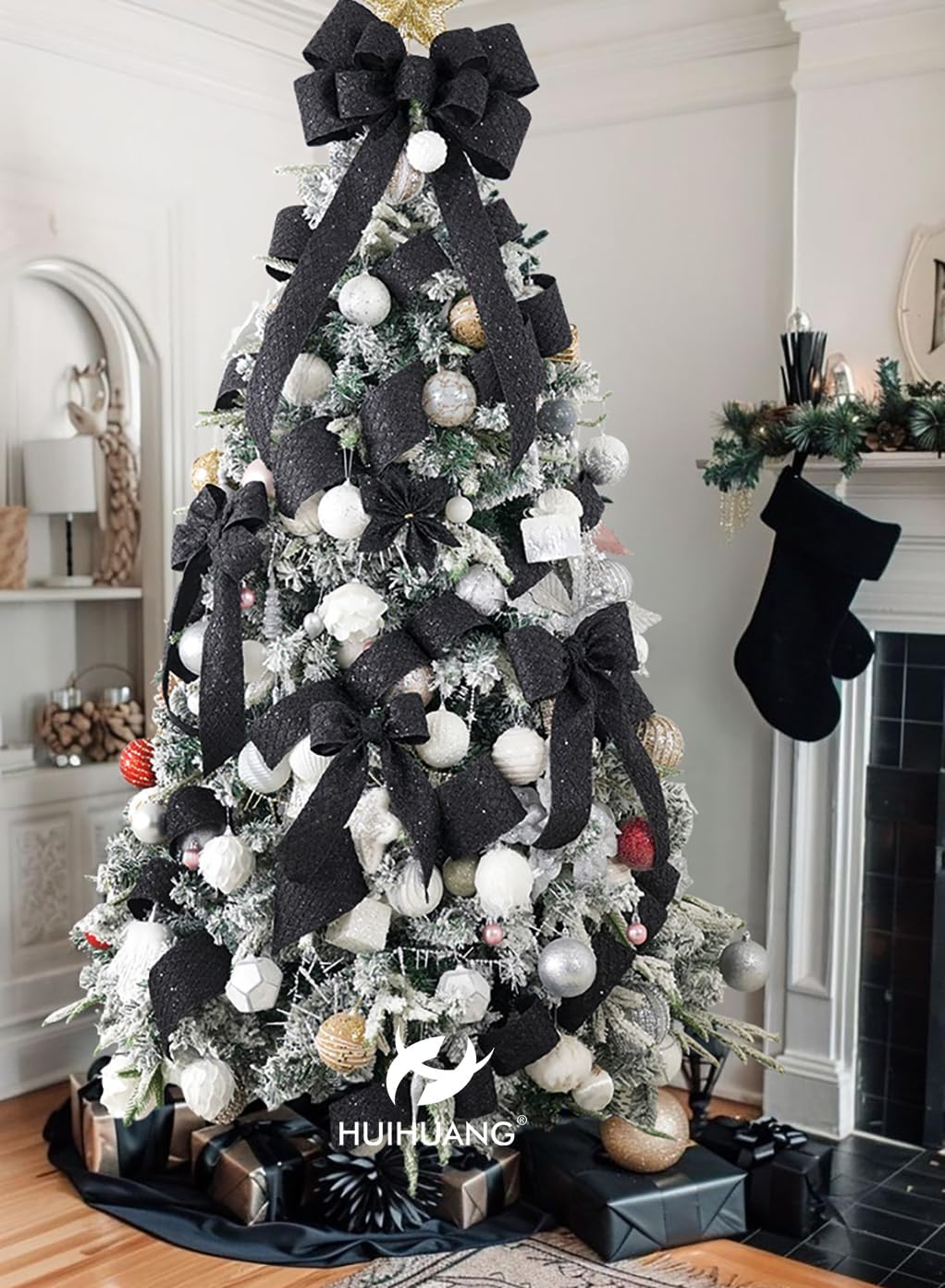 HUIHUANG Black Glitter Wired Ribbon 4 inch Black Christmas Tree Ribbon Diamond Mesh Wire Ribbon for Tree Decorations, Wreaths, Garland, Large Bows Making, Halloween Decor -10 Yards