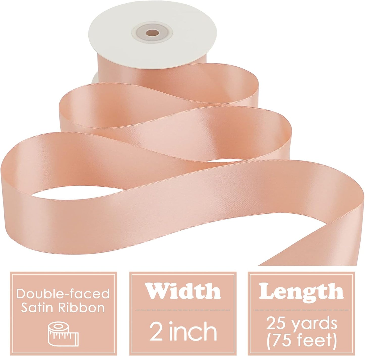 HUIHUANG Rose Gold Pink Ribbon for Wedding, 2" Double Face Misty Rose Satin Ribbon for Flower Bouquet, Dress Chair Sashes, Invitations Card, Gift Wrapping, Bows, Crafts, Holiday Decor -25 Yards/Roll