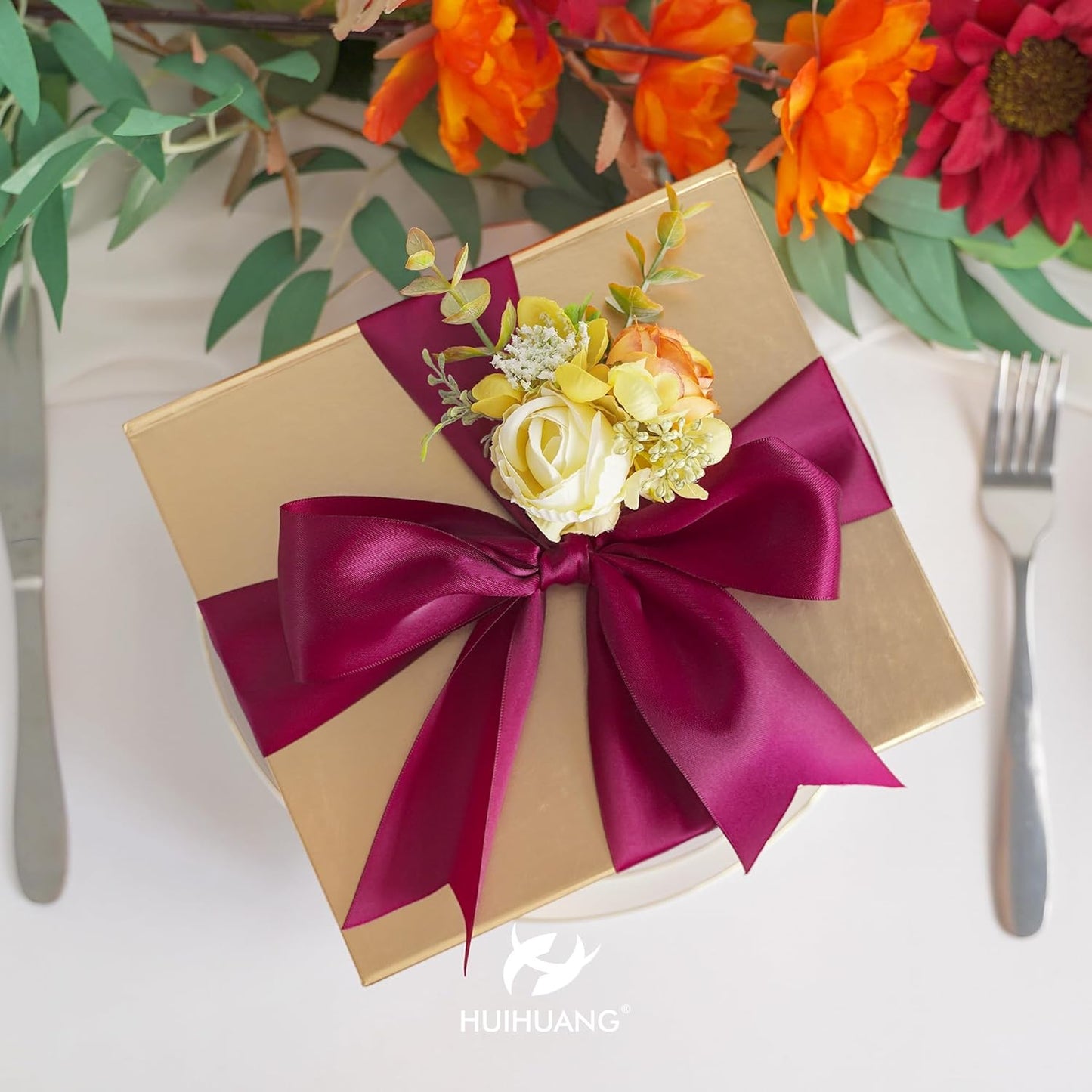 HUIHUANG Wine Red Ribbon 2 inch Wide Double Face Satin Ribbon Maroon Fabric Ribbon for Flower Bouquet Wrap, Wedding Bridal Shower Holiday Decor, Bows Making Crafts, Gift Wrapping-25 Yards/Roll