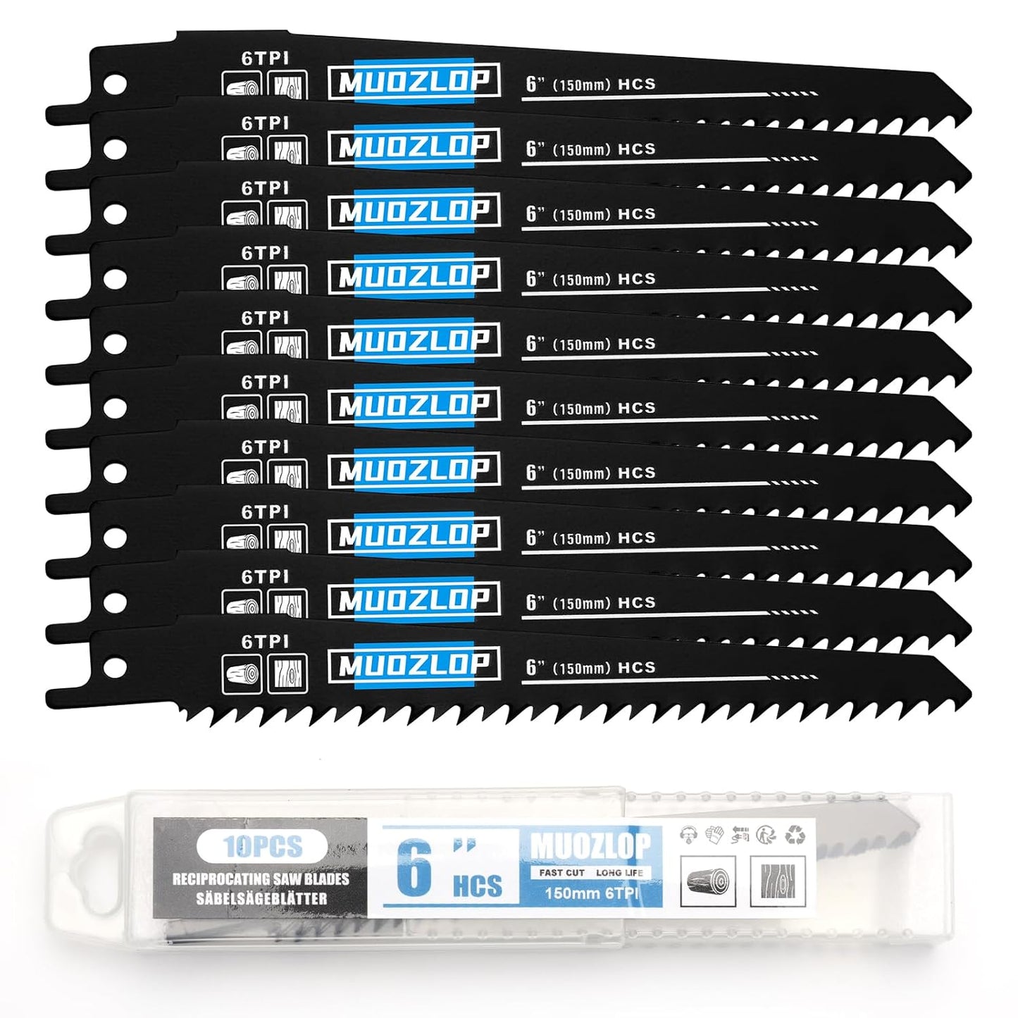 10Pack 6 inch Reciprocating Saw Blades Set,6TPI High Carbon Saw Blades, Woodcutting Saw Blades with Organizer Case (10, 6TPI/150mm)