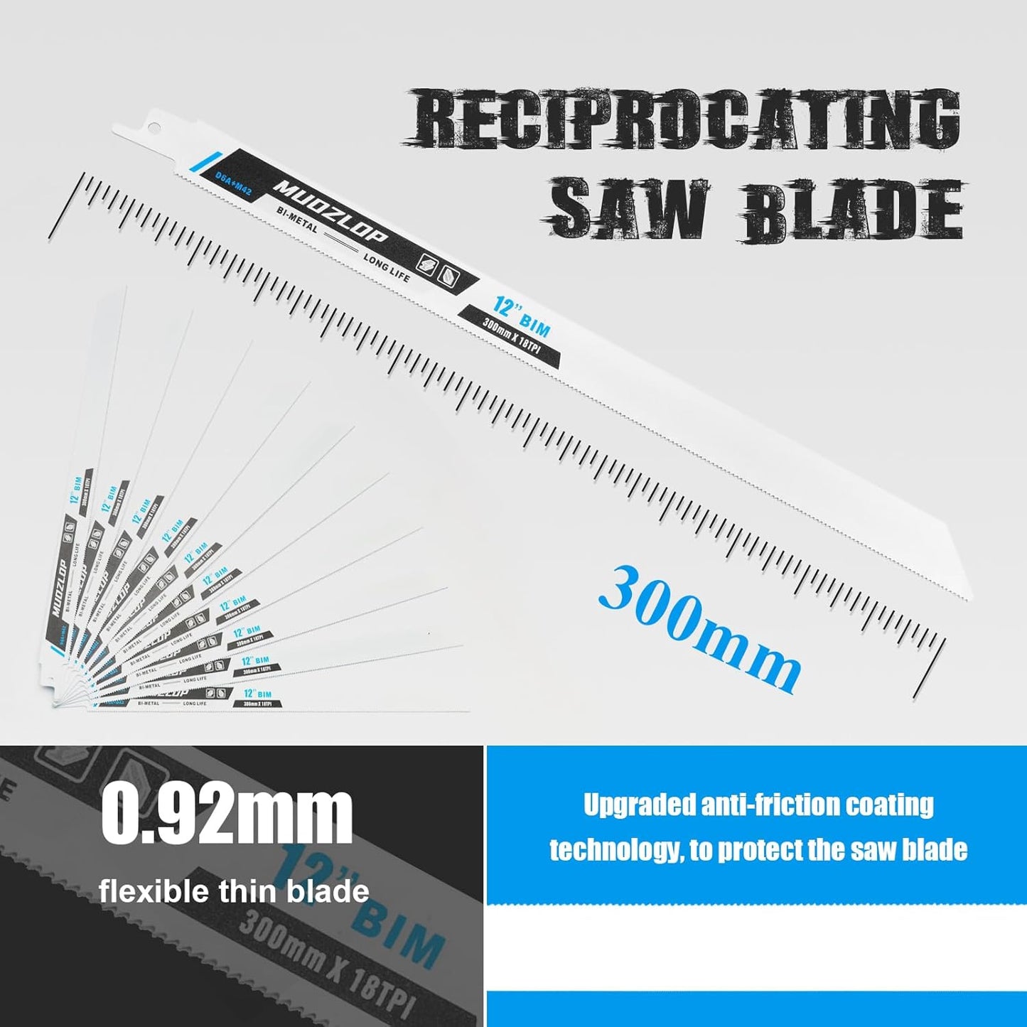 10 Pack 12 inch Reciprocating Saw Blades Set,18 TPI High Carbon Saw Blades,Metal Saw Blades with Organizer Case (10, 18TPI/300mm)