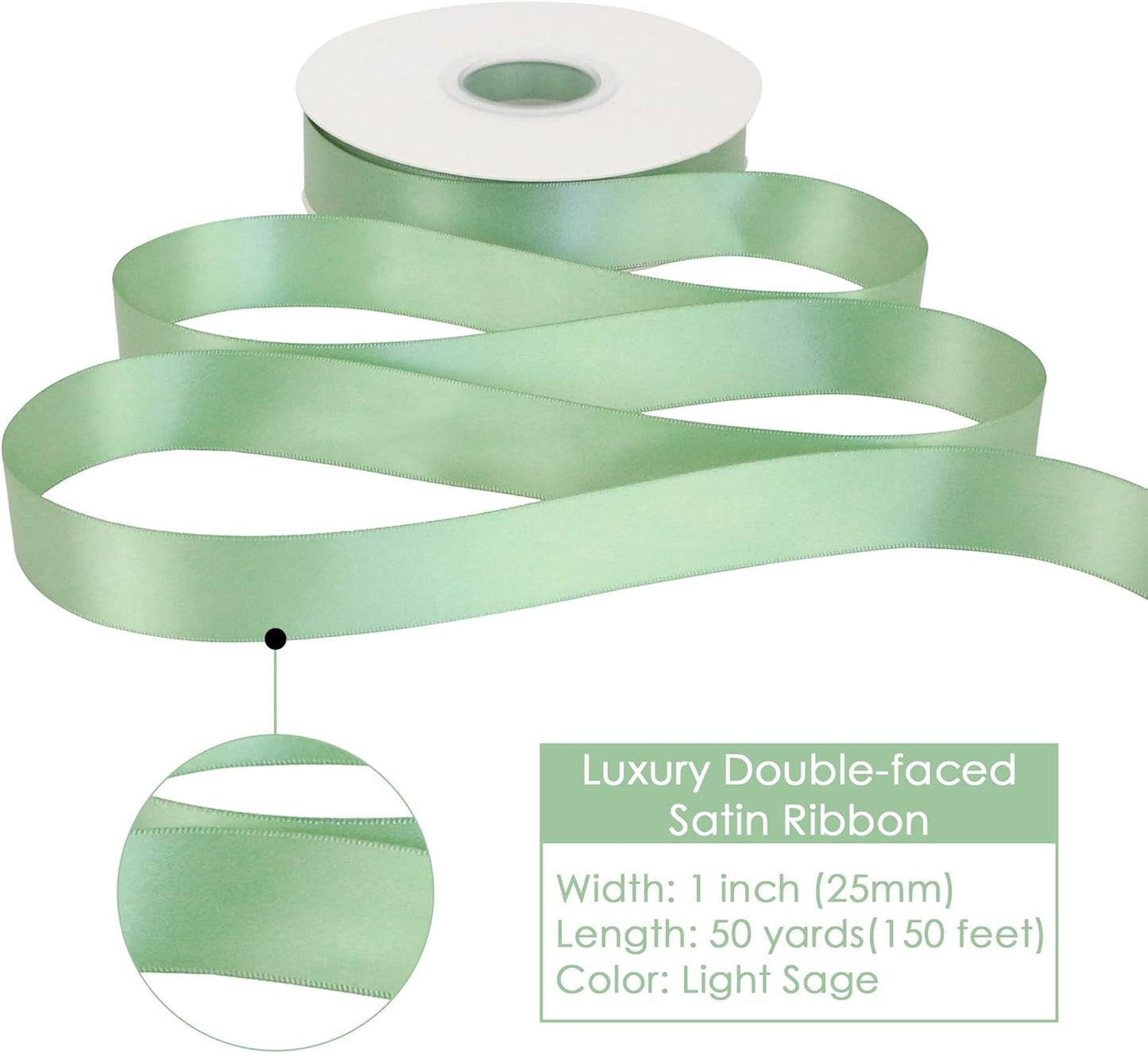 HUIHUANG Sage Satin Ribbon - 1 inch Light Sage Green Double Face Silk Satin Ribbon for Wedding Decor, Crafts, Gift Wrapping, Bows, Bridal, Floral, Bouquet, Invitation Card, Baby Shower, Party