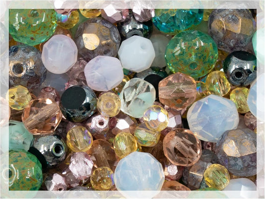 1.8 oz (50g) Gentle Mix of Faceted Fire Polished Czech Glass Beads (Round, Rondelle etc) 4-10mm, Light Pink Teal Yellow Opal