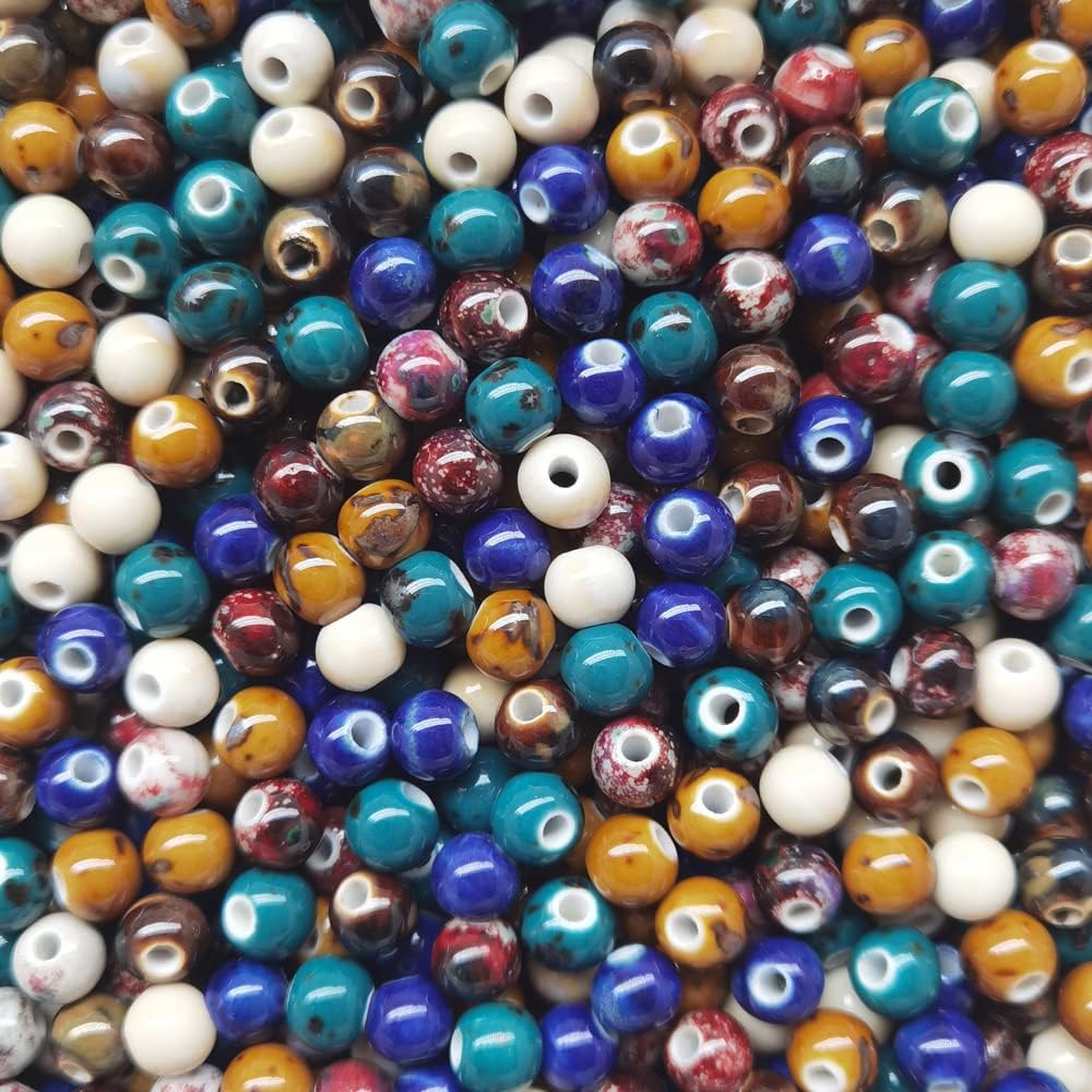 INSPIRELLE 180 Pieces Porcelain Beads Chinese NOT-Round Ceramic Beads 8mm for Handmade Jewelry Making Bracelets Necklace Making, Variable Glaze