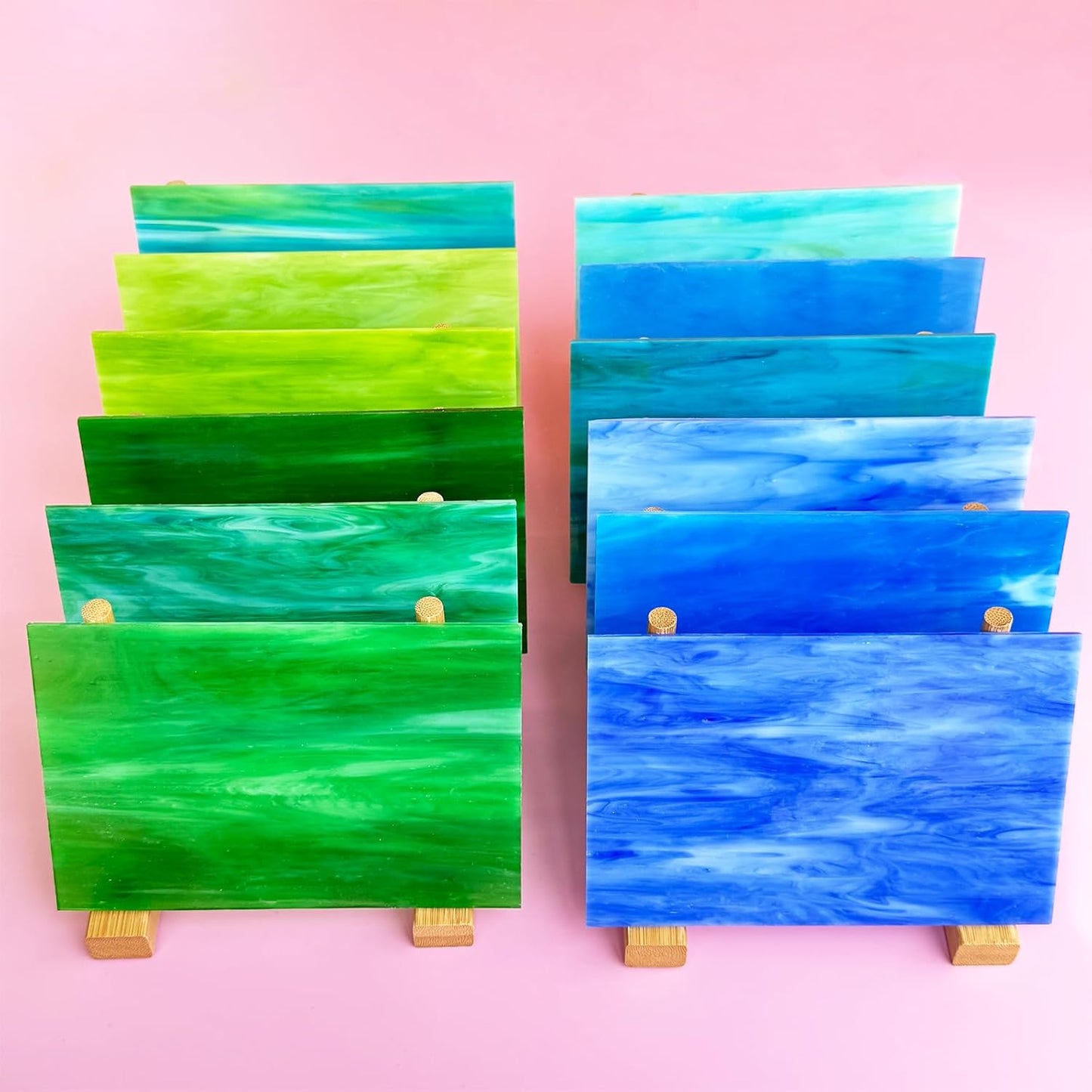 ILLUCKAI 12 Sheets Blue+Green Stained Glass Sheets Variety Pack, 6 x 4 inch Stained Glass Kit Supplies for Mosaic Glass Projects