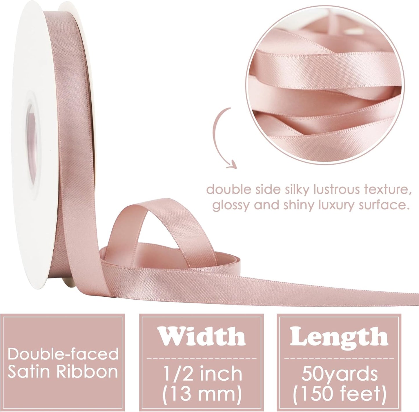 HUIHUANG Dusty Rose Rose Satin Ribbon 1/2 inch X 50 Yards Continuous, Dusty Pink Double-Faced Satin Ribbon for Gift Wrapping, Bows, DIY Crafts, Flower Bouquet, Wedding Bridal Shower Decor