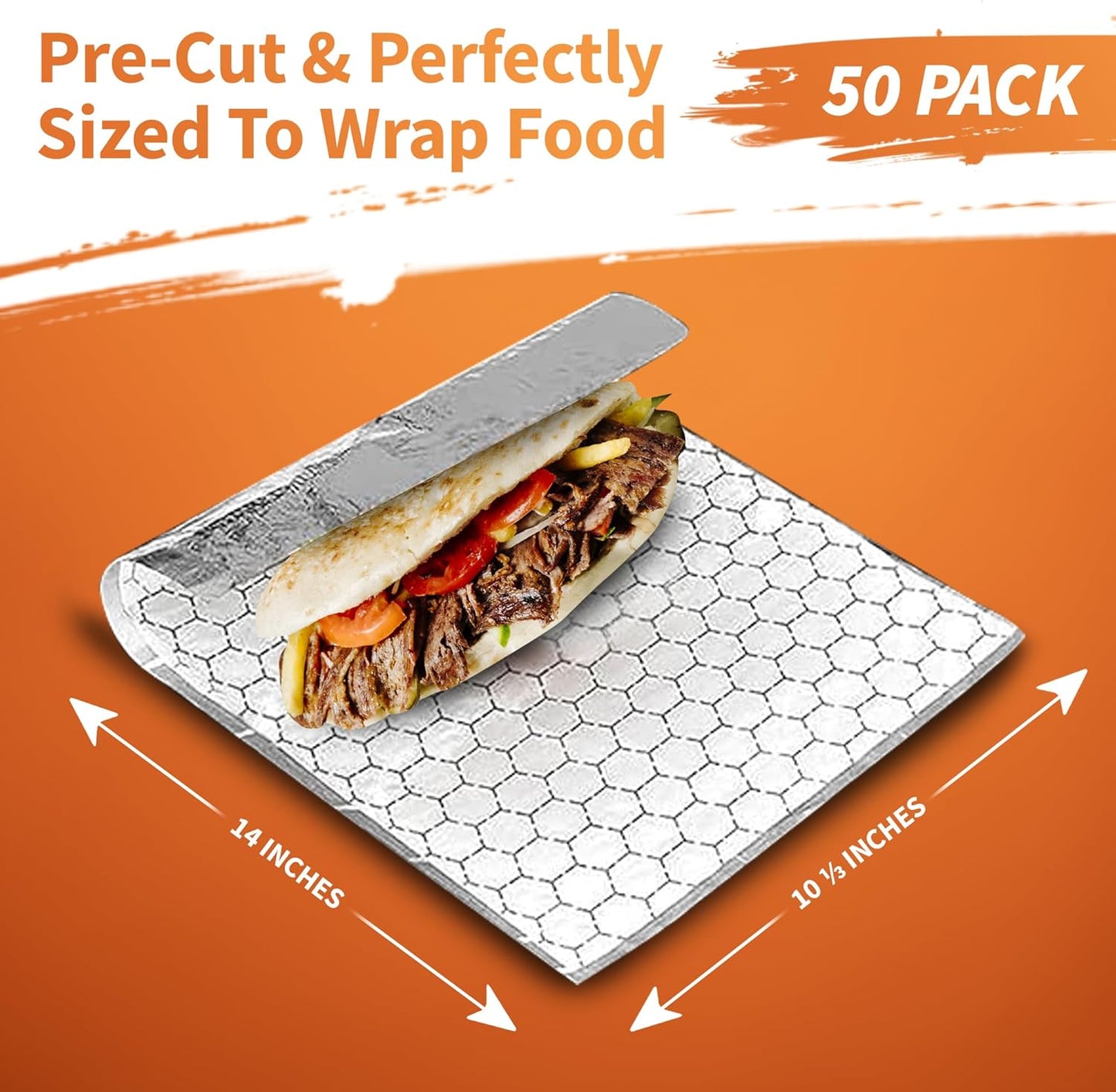 Insulation Sandwich Wrapping Paper Aluminum Foil Sheets - [50 Pack] - (14" x 10.3") - Aluminum Foil Sandwich Wrap Sheets For Sandwich Wraps, Burritos and BBQ