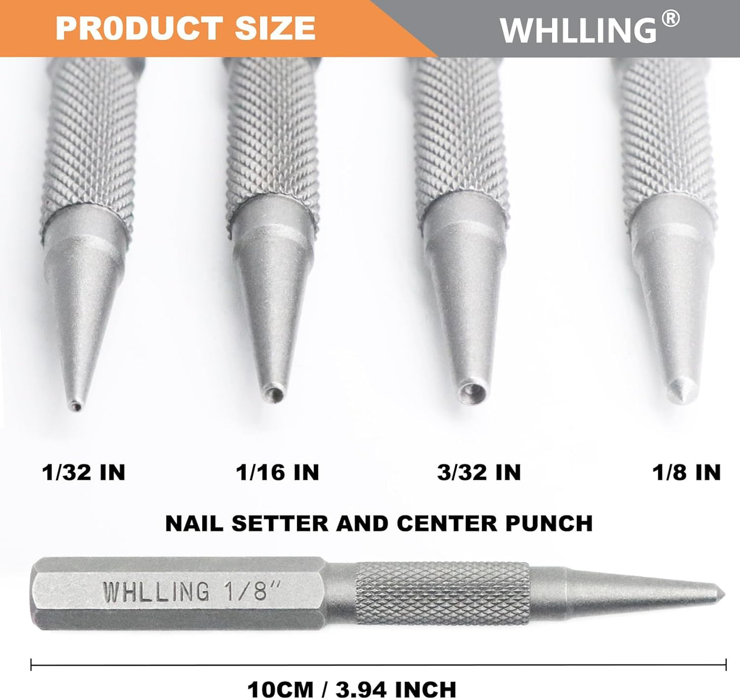 4-Piece Nail Setter Punch and Center Punch Set, Heat Treated Alloy Steel with Knurled Grip Most Commonly Used Sizes for Carpenters Woodworkers