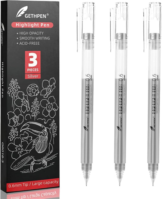 0.6mm Fine Point Silver Gel Pens, 3-Pack for Artists Drawing on Black Paper, Sketching, Adult Coloring Books & Modern Crafts