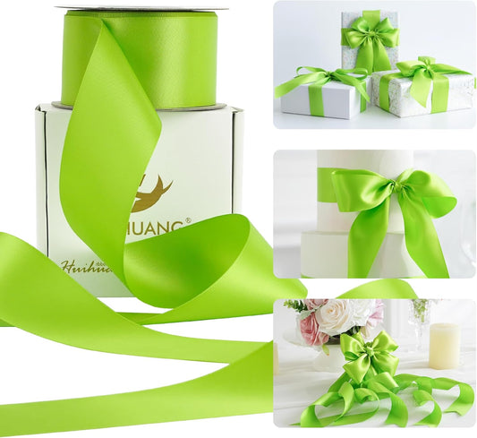 HUIHUANG Lime Green Satin Ribbon - 2 inch Wide, Double Faced, Neon Green for Gift Wrapping, Bows, Bouquets, DIY Crafts, Weddings & Parties - 25 Yards/Roll