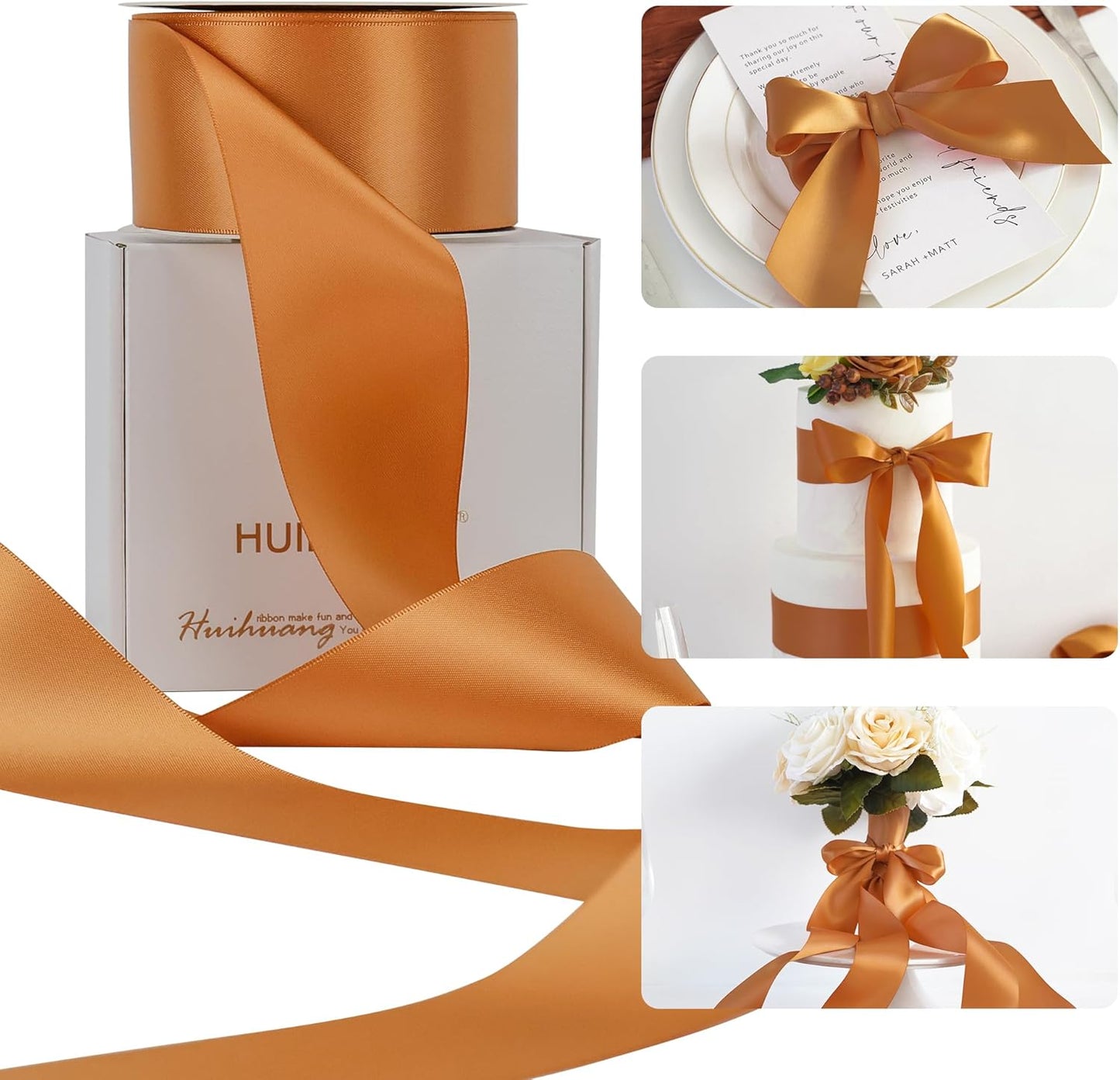 HUIHUANG Burnt Orange Ribbon 2 inch Wide Double-Faced Orange Satin Silk Ribbon for Flower Bouquet Wrap, Gift Wrapping, Fall Wedding Decor, Crafts and Bows Making- 25 Yards/Roll