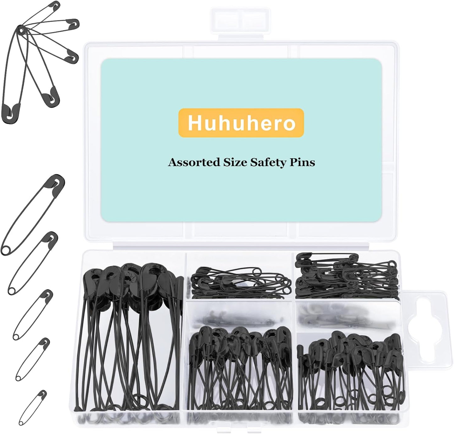 Huhuhero 160-Pack Safety Pins Assorted, Small and Large Safety Pins for Clothes Costume, 5 Different Sizes Nickel Plated Steel Pin Bulk, Sewing Arts Crafts Supplies, Black