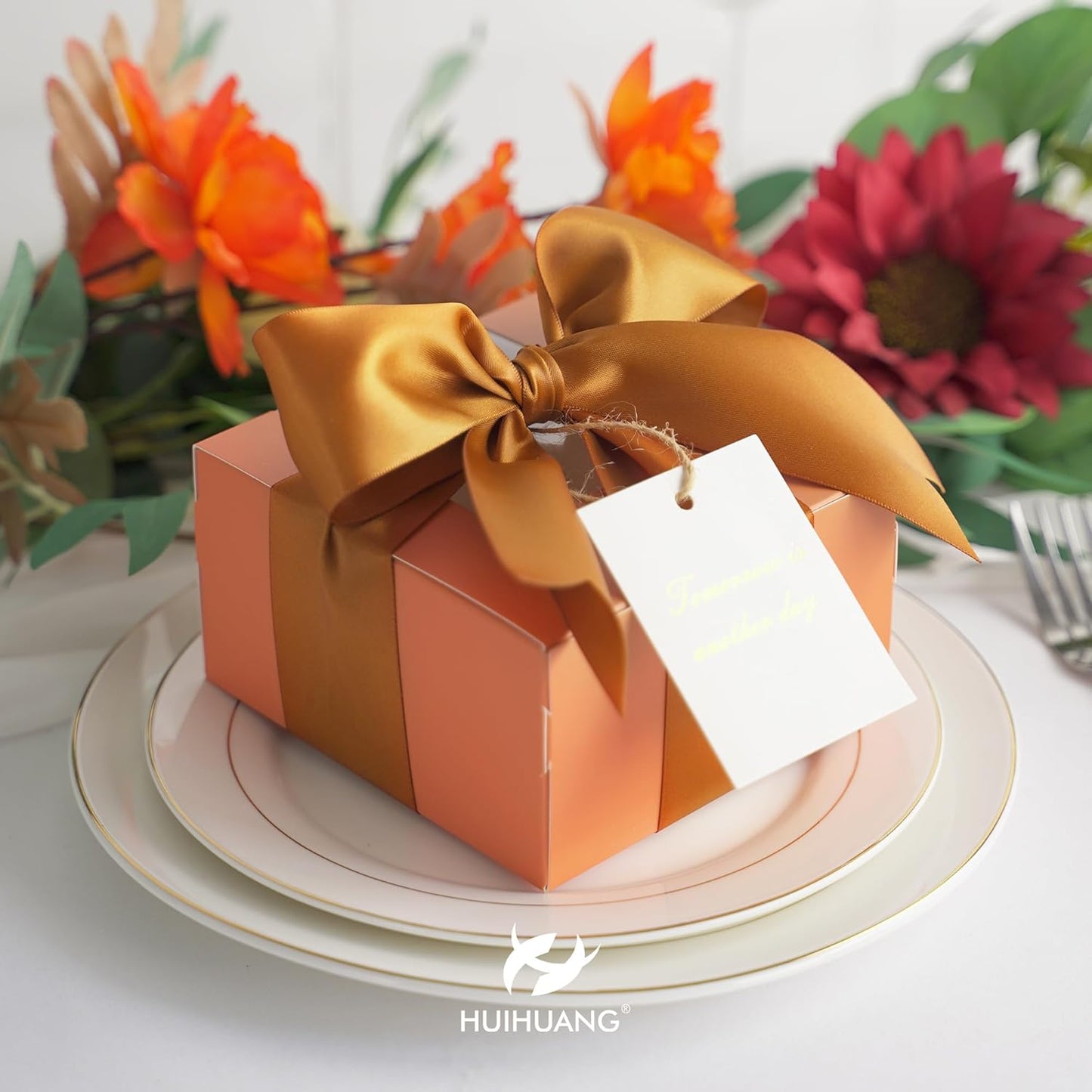 HUIHUANG Copper Satin Ribbon 2 Inch Wide Double Face for Flower Bouquet Wrap, Silk-Like for Crafts, Gift Wrapping, Wedding Bridal Holiday Decor, Bows Making - 25 Yards/Roll