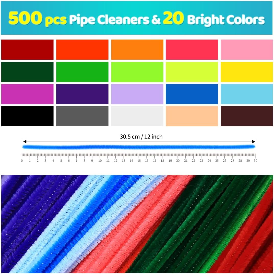 Iooleem 500pcs Multi-Colored Pipe Cleaners, Chenille Stems, Pipe Cleaners for Crafts, Pipe Cleaner Crafts, Art and Craft Supplies.