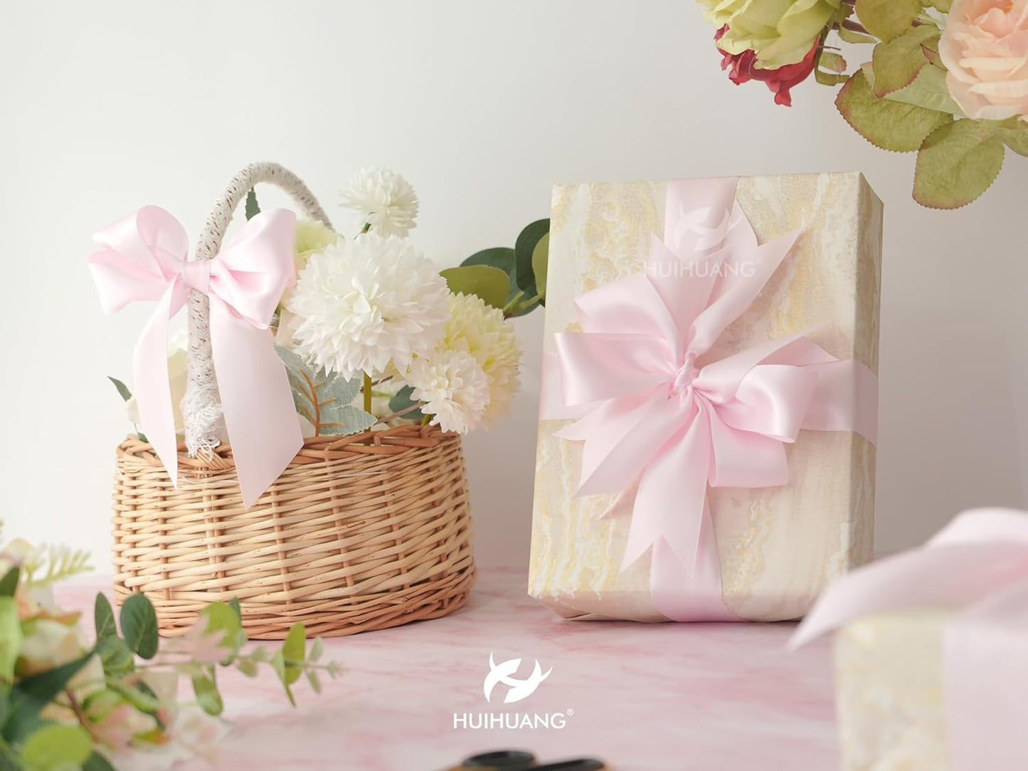 HUIHUANG Pink Satin Ribbon 1-1/2 inch x 100 Yards Light Pink Double-Faced Satin Ribbon for Flower Bouquet, Gift Wrapping, Eternal Roses, DIY Crafts, Bridal Shower Wedding Decor