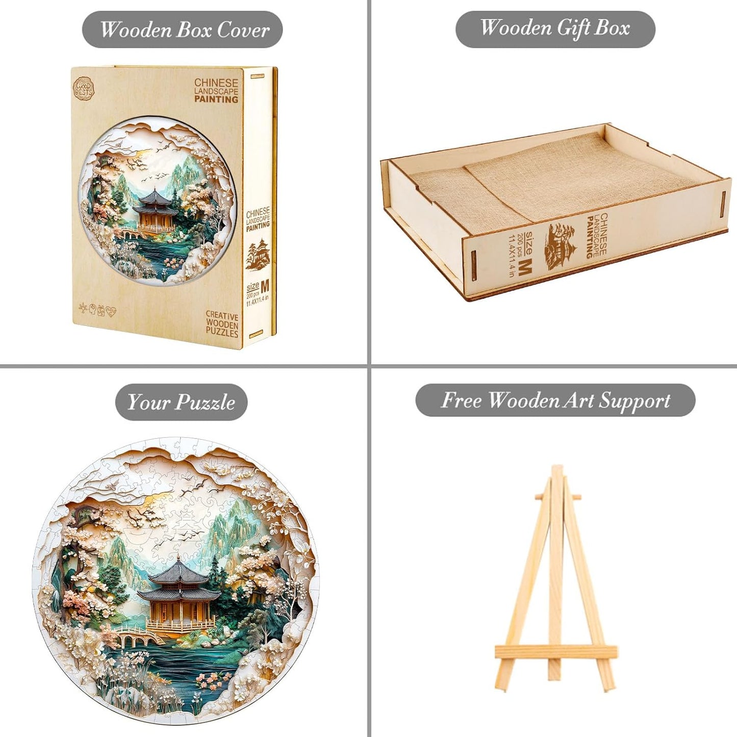 KAAYEE Wooden Puzzles for Adults, 3D Visual Effect Chinese Landscape Painting Wooden Jigsaw Puzzle Unique Shape Wood Puzzle Adult, 3D Effect Flat Puzzle Birthday Family Games (L-13.4*13.4 in-285pcs)