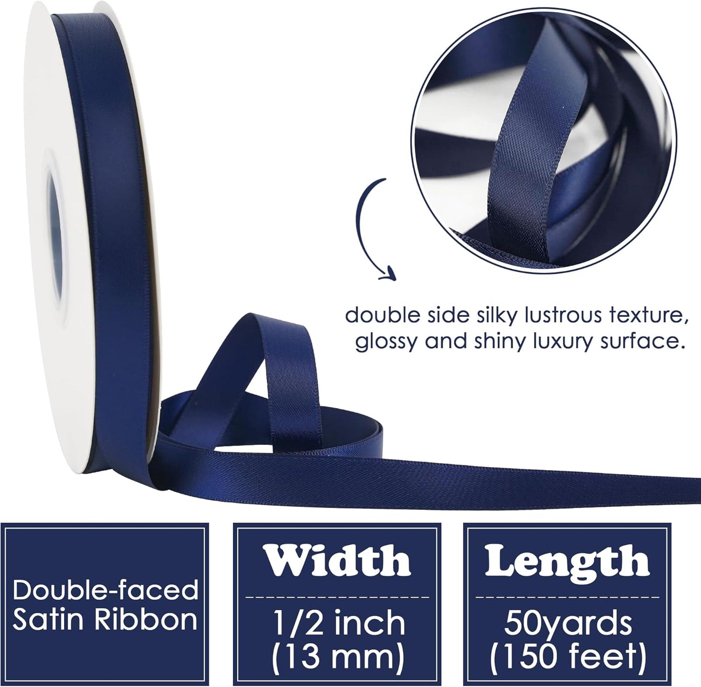 HUIHUANG Navy Satin Ribbon 1/2 inch X 50 Yards Continuous, Navy Blue Double-Faced Satin Ribbon for Gift Wrapping, Bows, DIY Crafts, Flower Bouquet, Wedding Decor, Holiday Party Decor