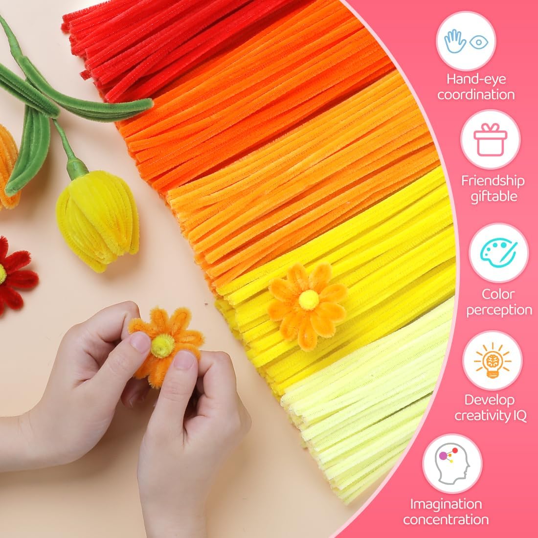 IOOLEEM Orange Pipe Cleaners,500pcs in 5 Colors, Chenille Stems for Art and Craft Projects, Flower DIY Decorations