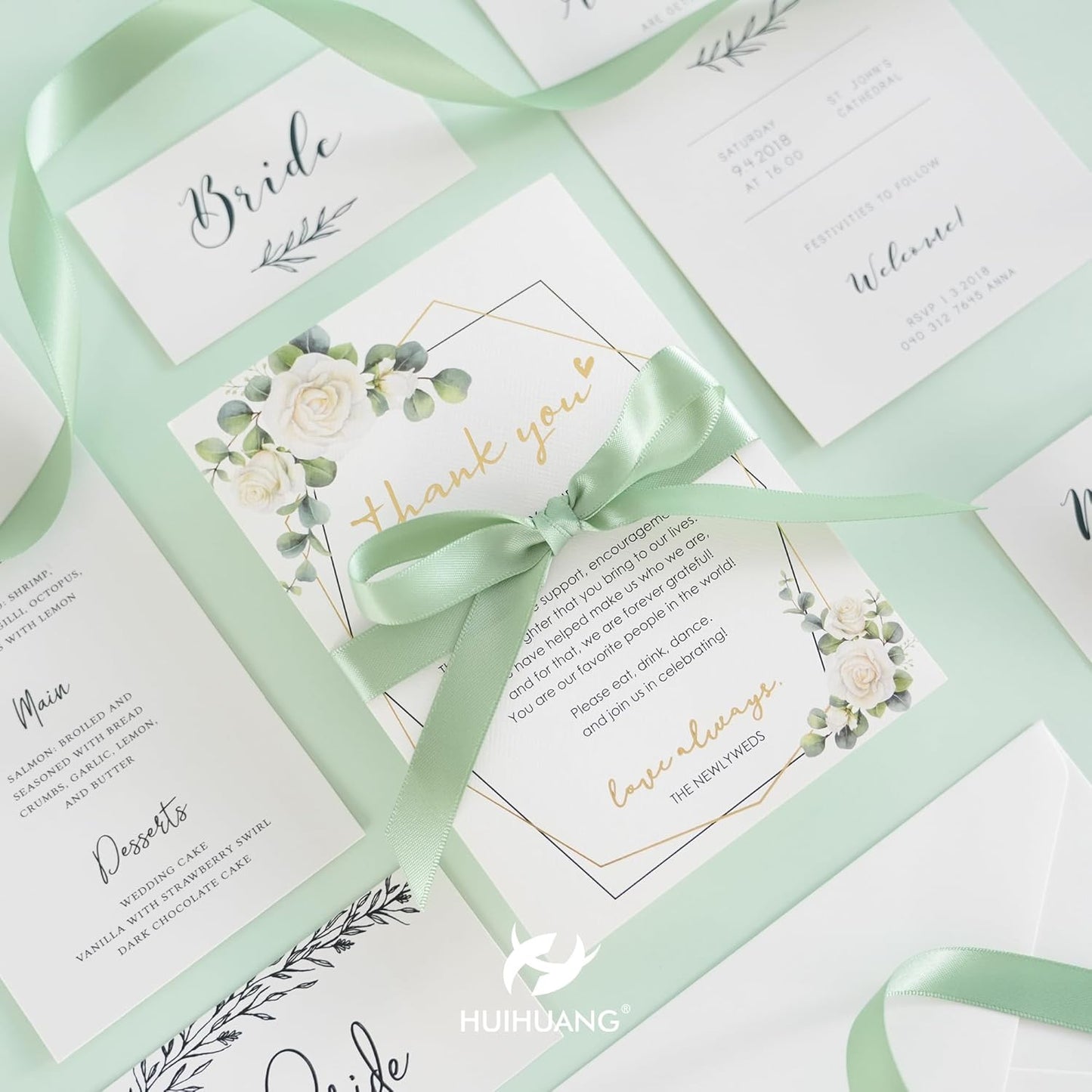 HUIHUANG Sage Green Satin Ribbon 1/2 inch X 50 Yards Continuous, Light Green Double-Faced Satin Ribbon for Gift Wrapping, Bows, DIY Crafts, Flower Bouquet, Bridal Shower Wedding Decor