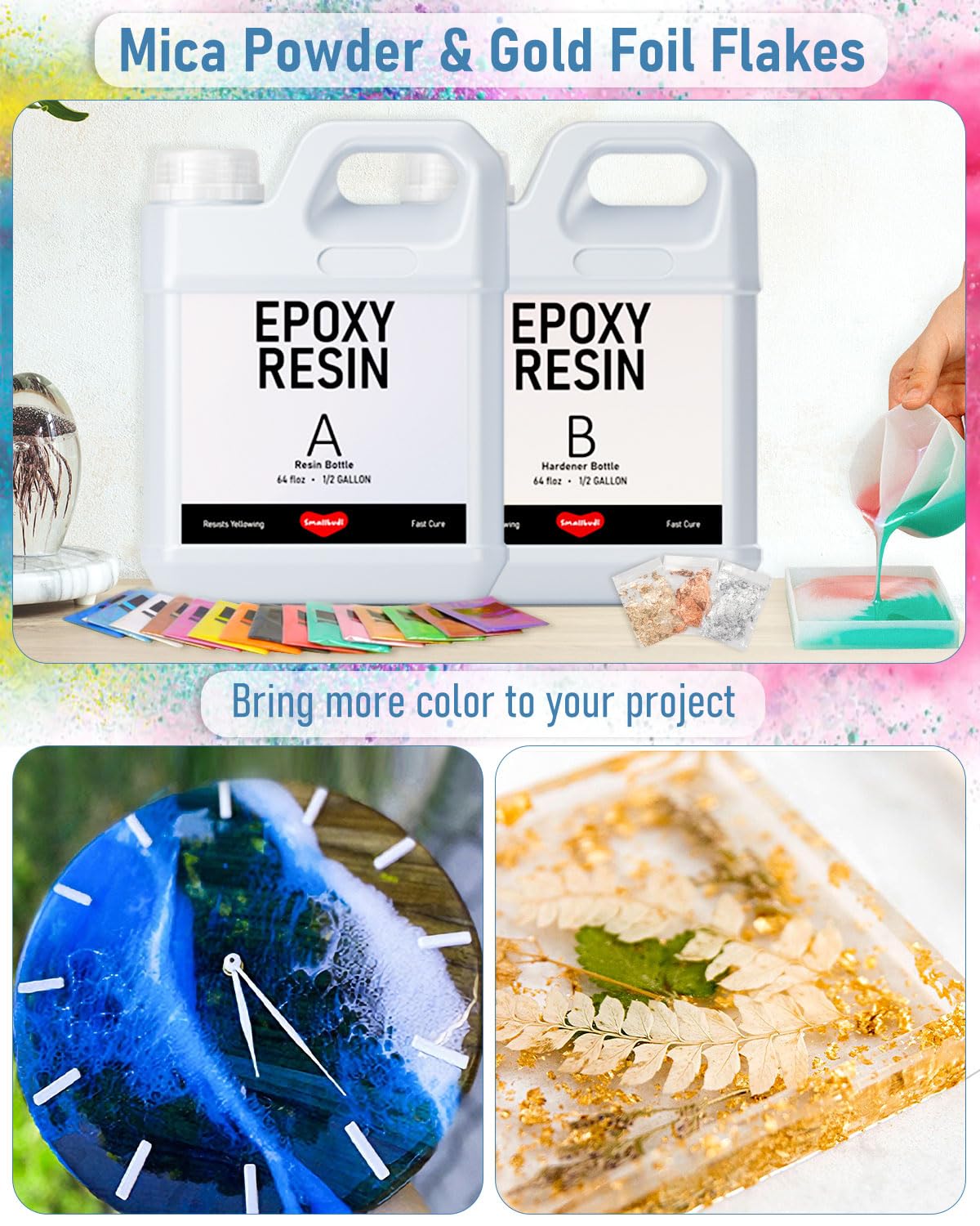1 Gallon Epoxy Resin Kit with 24 Colors Mica Powder, Gold Foil, Cups & Stick, Crystal Clear Resin Beginner Supplies for Coating Casting Table, Molds, Jewelry Making, DIY Art Craft, 1:1 Ratio