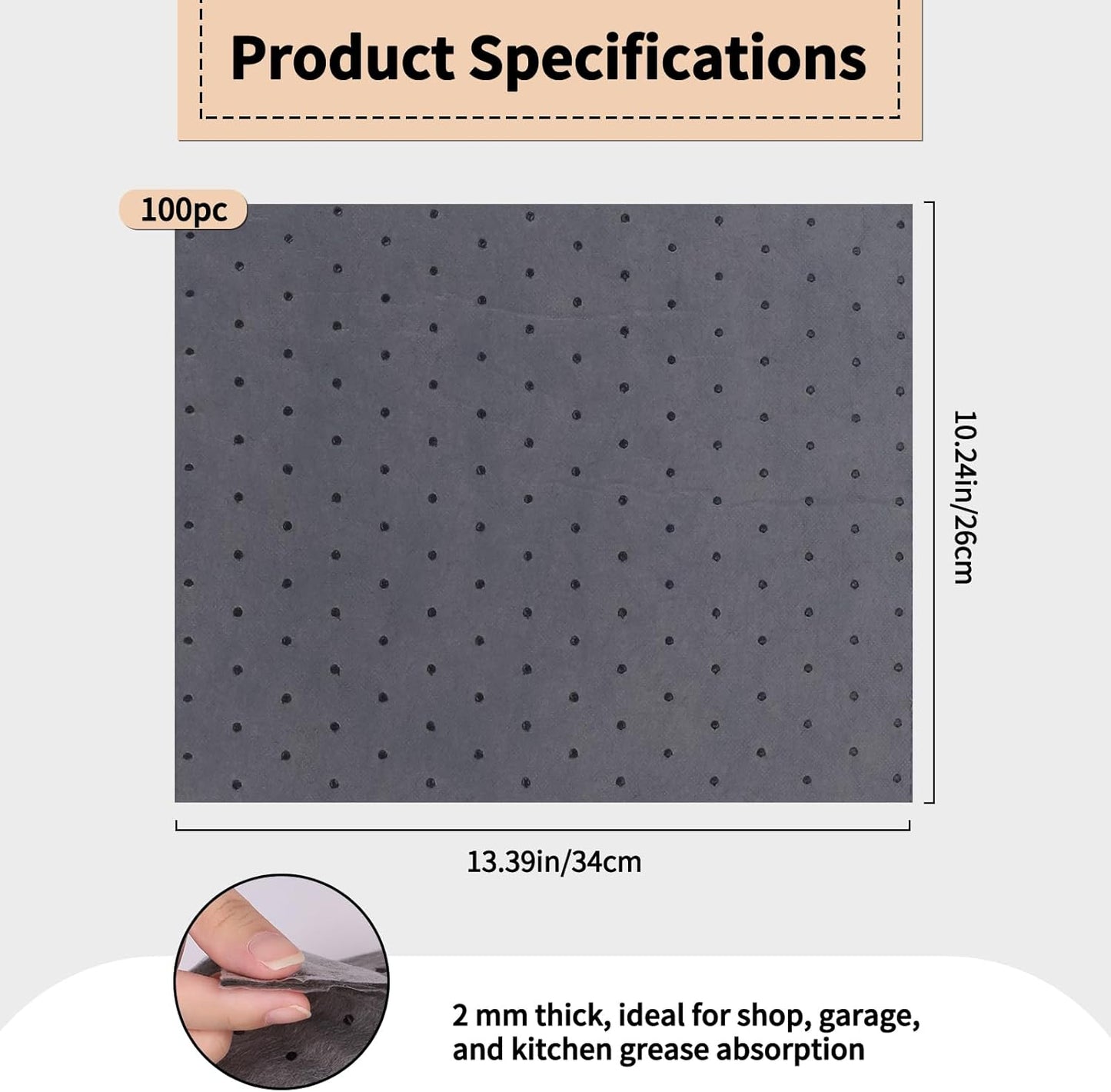 100 Pcs Oil Absorbent Pads - 10"x13" Oil Spill Mats for Garage, Workshop & Auto Repair, Reusable, Fast Cleanup for Oil, Grease & Coolant (Grey, Boxed)